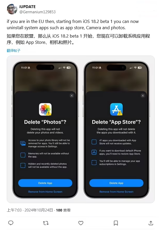 周至苹果手机维修分享iOS 18.2 支持删除 App Store 应用商店 