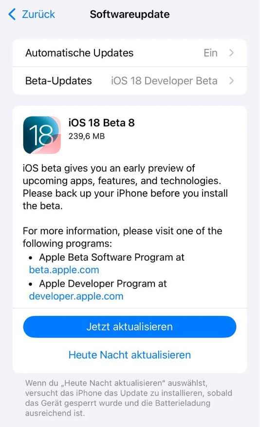 周至苹果手机维修分享苹果 iOS / iPadOS 18 开发者预览版 Beta 8 发布 